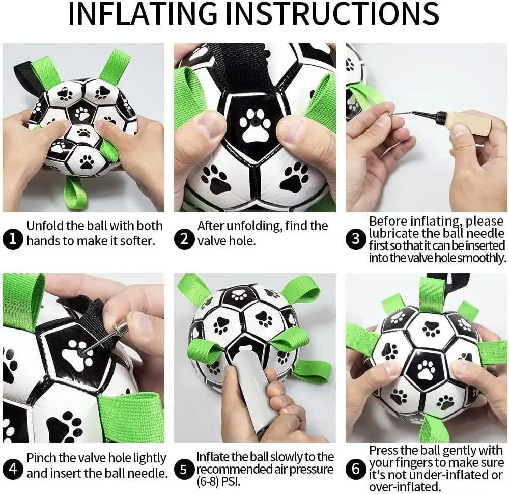 Interactive halloween dog soccer ball toy with black and white panels green fabric grab tabs and paw print designs