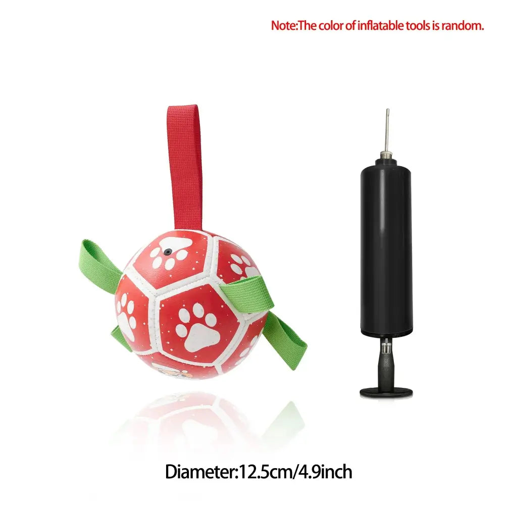 Interactive halloween dog soccer ball in red and white inflatable material with green fabric grab tabs and paw prints