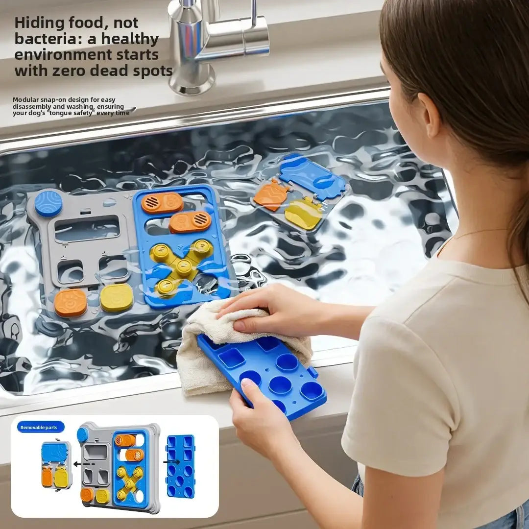 Blue and orange modular interactive dog puzzle feeder toy with snap-on design for easy cleaning and treat dispensing