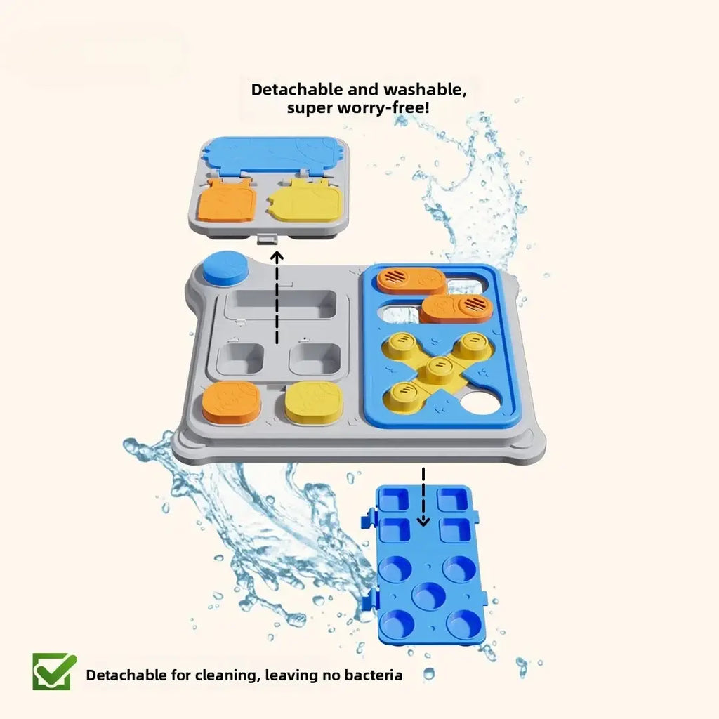 Blue and yellow interactive dog puzzle feeder toy with gray base and detachable pieces for engaging treat dispensing