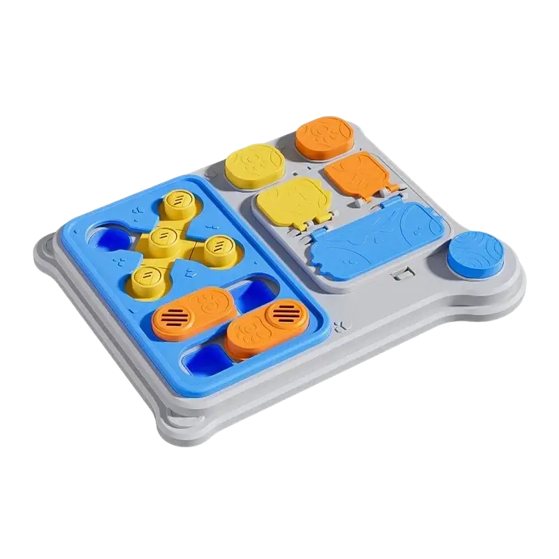 Interactive dog puzzle feeder treat dispenser toy in blue yellow and orange plastic for engaging toys type play
