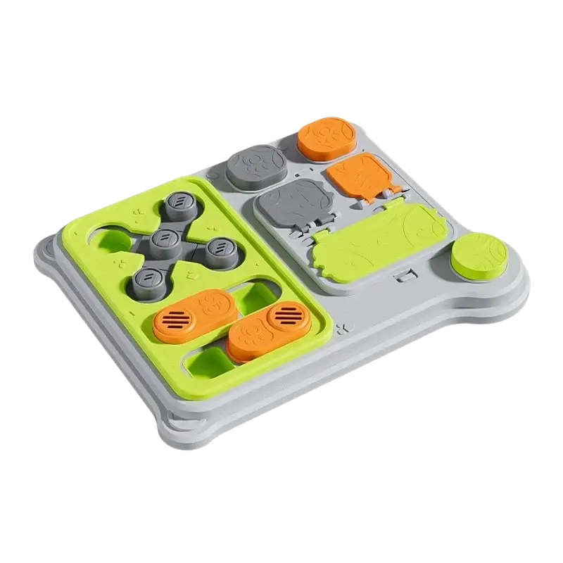 Bright green and orange interactive dog puzzle feeder treat dispenser toy made of durable plastic with textured buttons