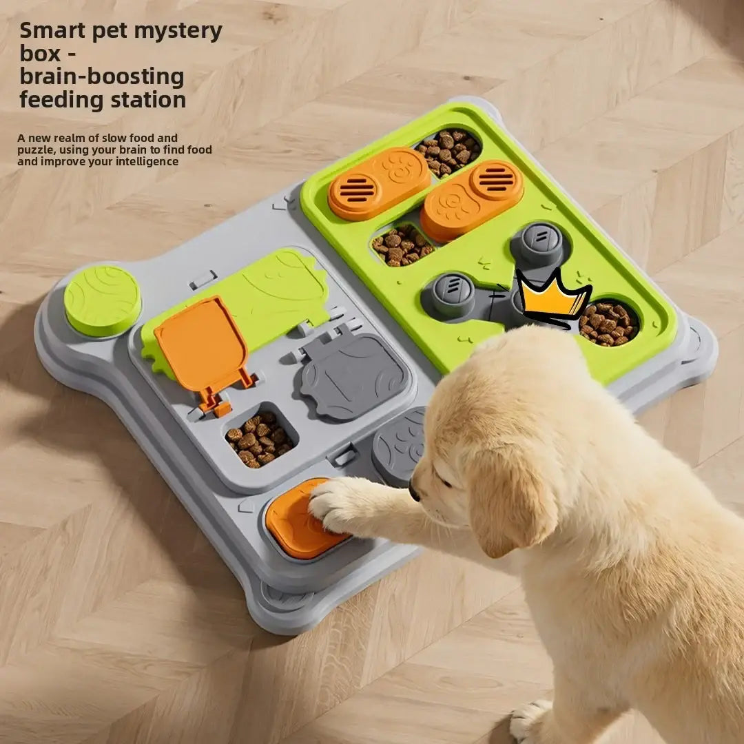 Bright green and orange plastic interactive dog puzzle feeder toy with multiple slow-release kibble compartments