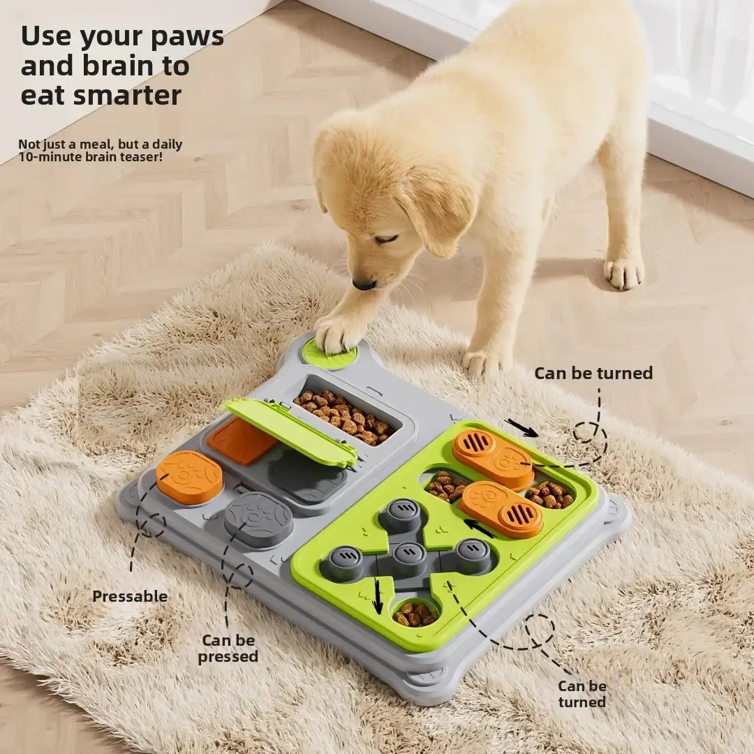 Interactive dog puzzle feeder treat dispenser toy in gray and lime green with pressable buttons and orange levers