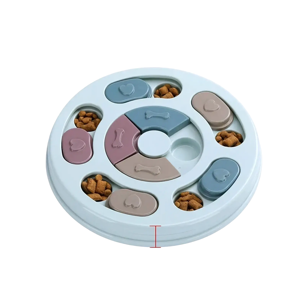 Light blue and beige plastic interactive dog puzzle slow feeder toy with heart and bone-shaped puzzle pieces