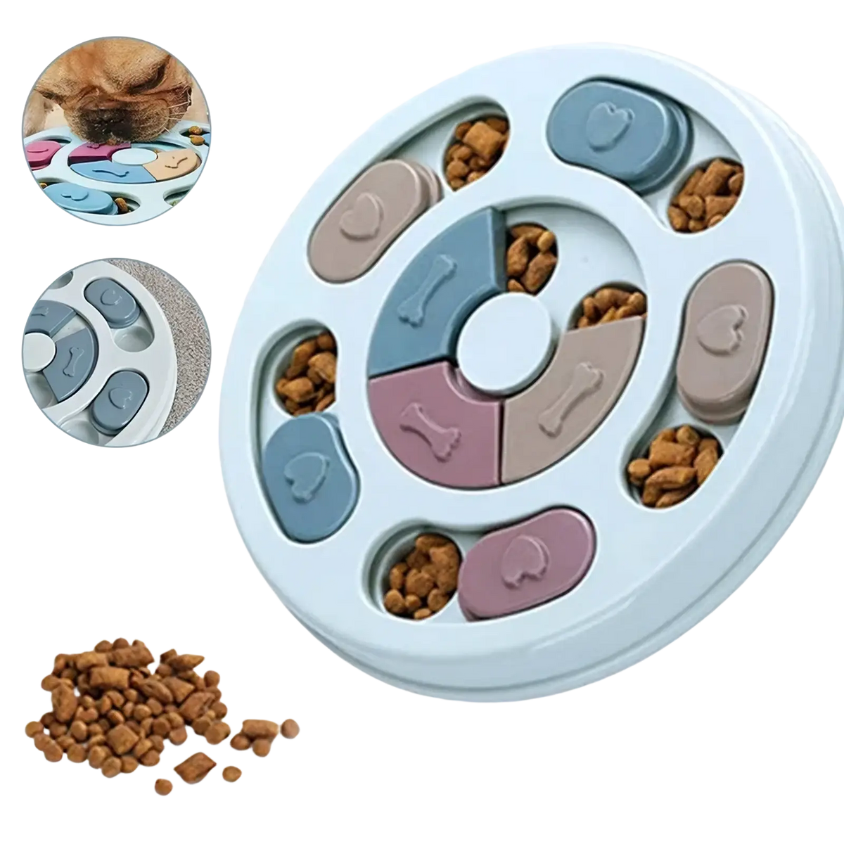 Interactive dog puzzle slow feeder toy with light blue circular base and colorful removable pink and gray bone and heart pieces