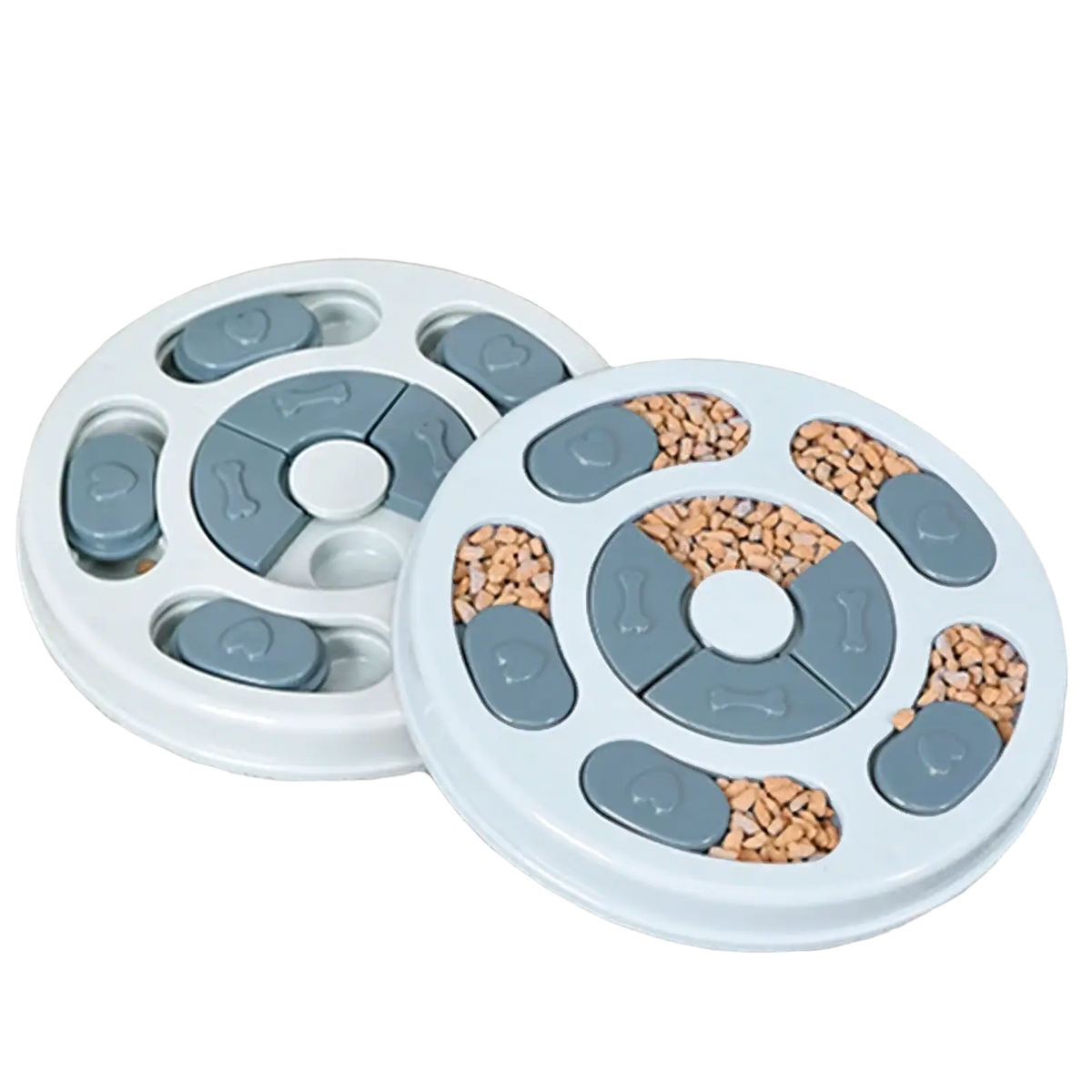 Light blue and gray plastic interactive dog puzzle slow feeder toy with bone-shaped compartments filled with kibble