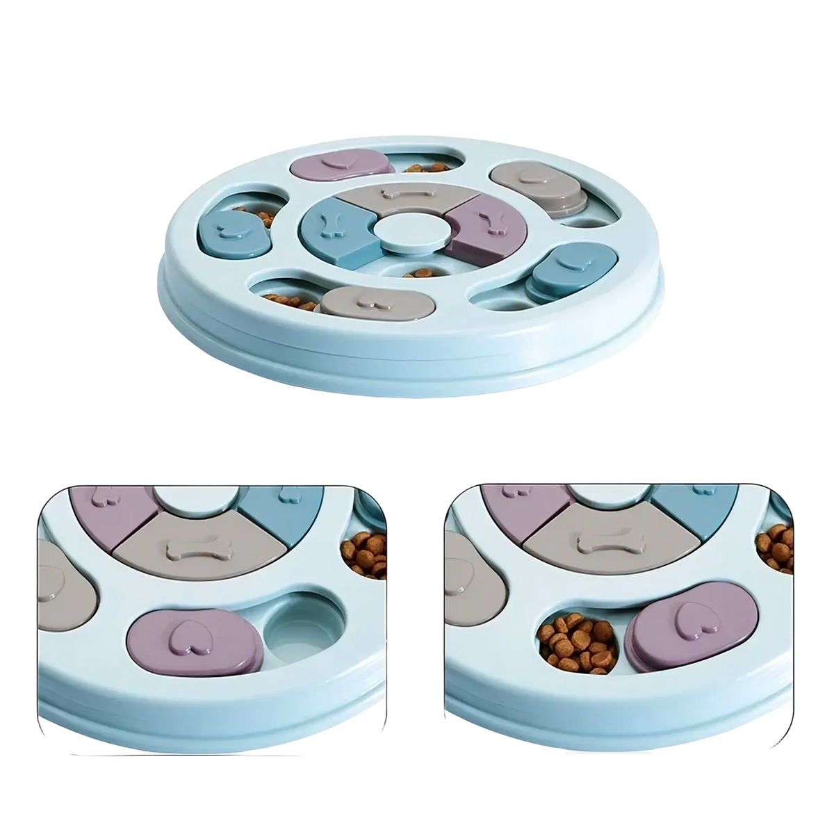 Interactive dog puzzle slow feeder toy made of pastel blue and lavender plastic with colorful removable lid sections