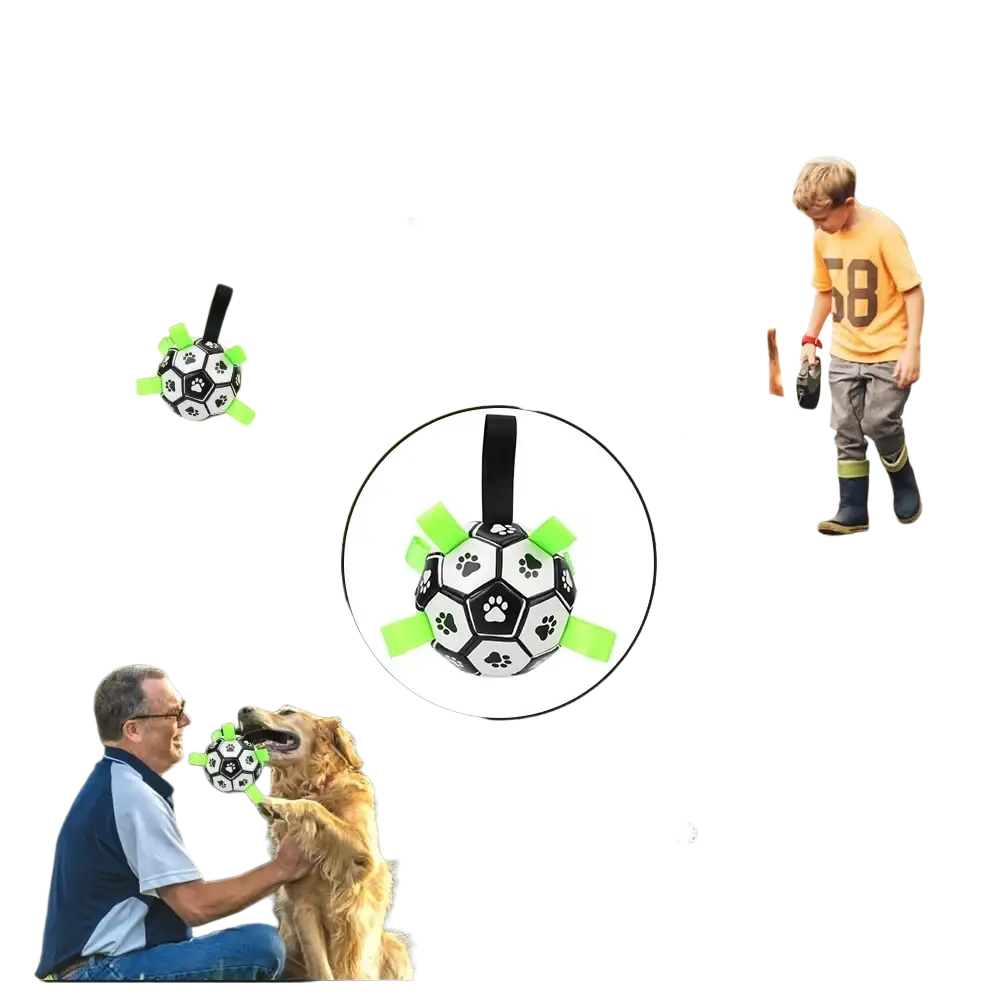 Black and white soccer ball interactive dog toy with green paw print pu leather grab tabs for customer satisfaction