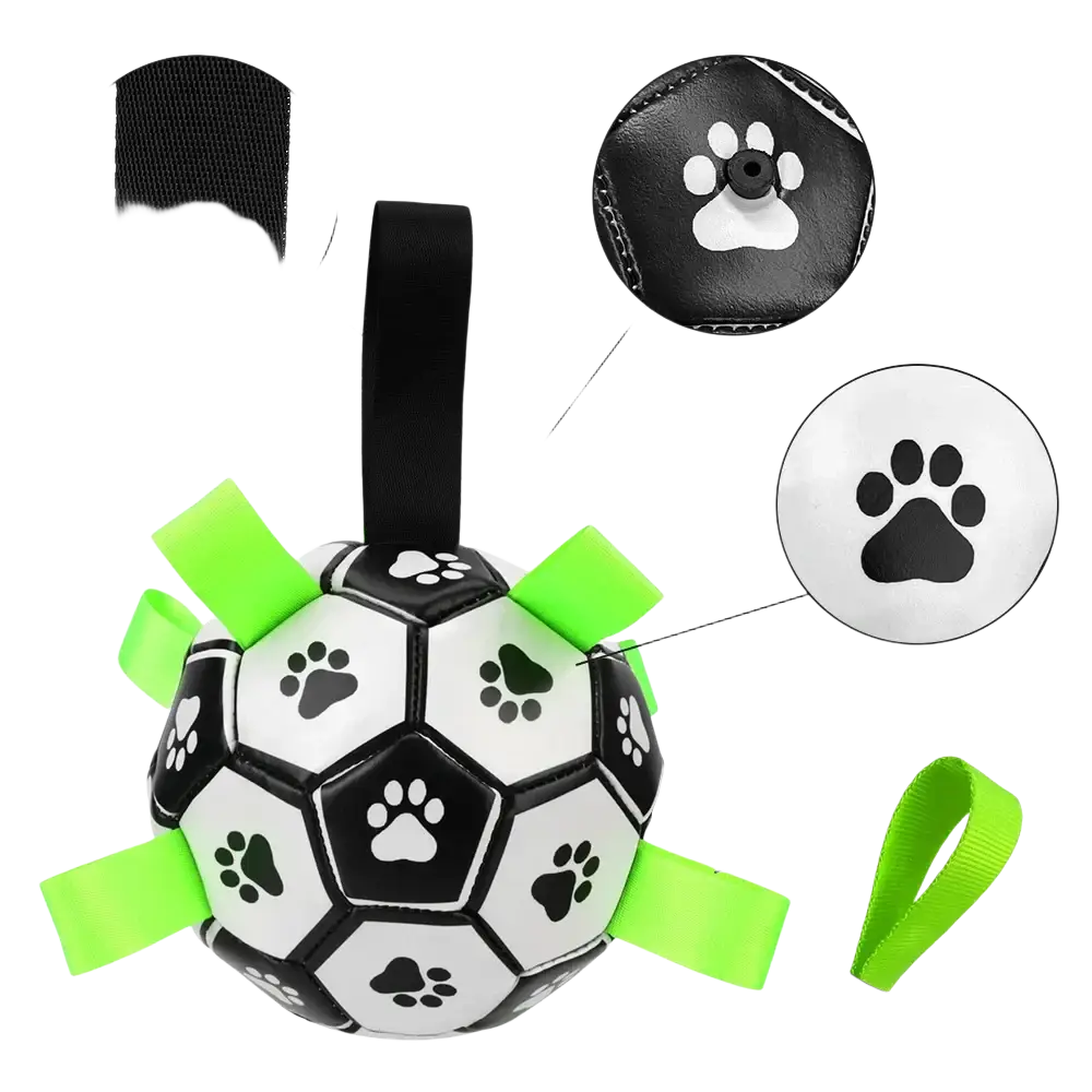 Interactive dog soccer ball pet toy made of pu leather with neon green grab tabs and paw print designs for customer satisfaction