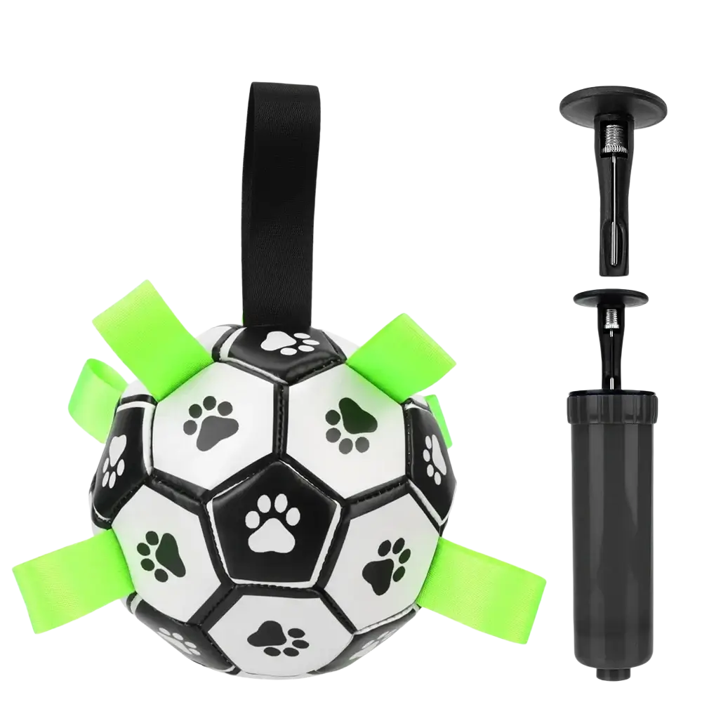 Interactive dog soccer ball with black and white pu leather, green paw print ribbons, black handle, original packaging ensures customer satisfaction and low shipping cost