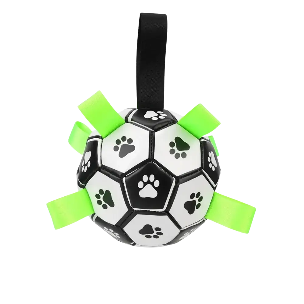 Black and white pu leather interactive dog soccer ball toy with green grab tabs and paw print designs for customer satisfaction