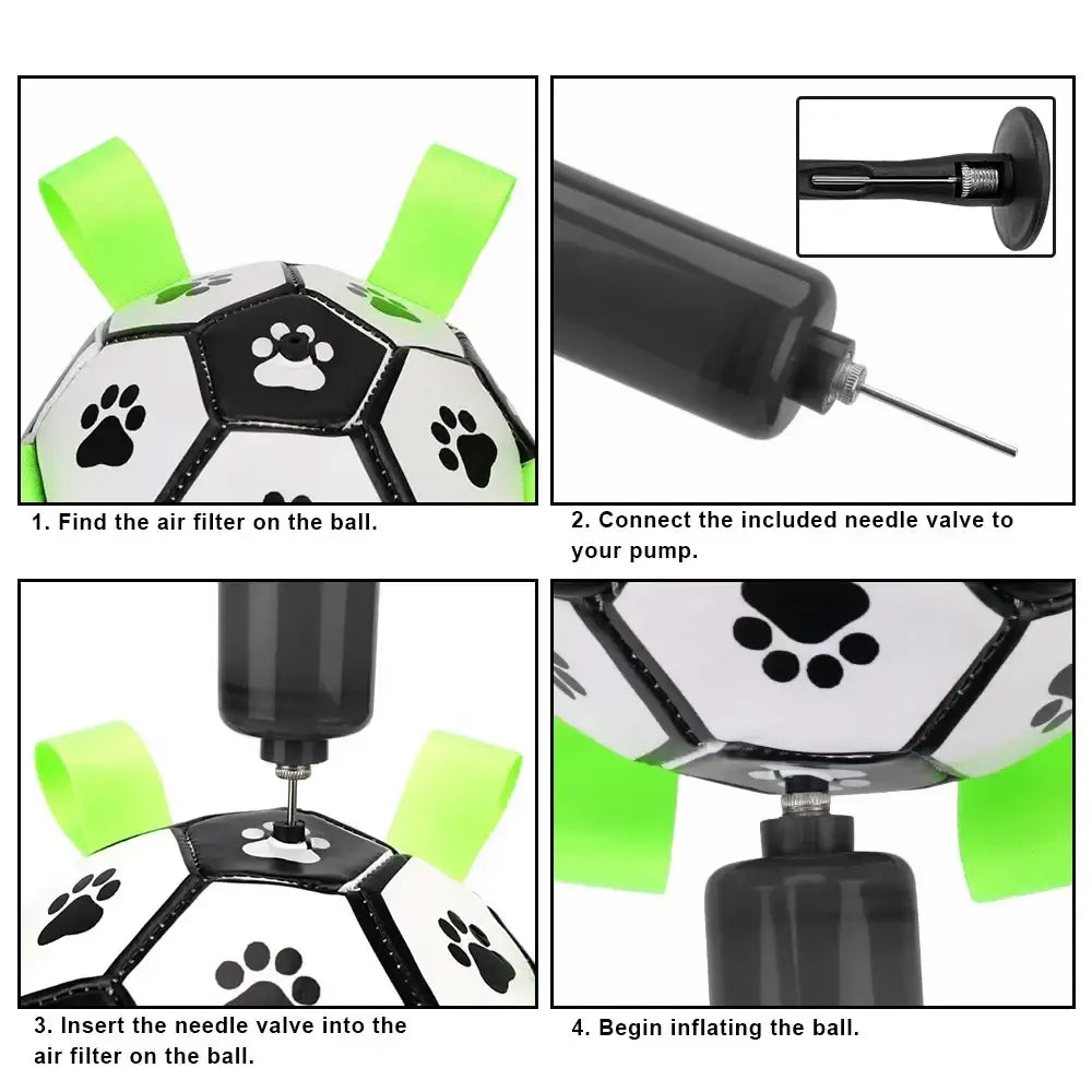 Interactive dog soccer ball in white and black pu leather with green grab tabs and paw print designs for customer satisfaction