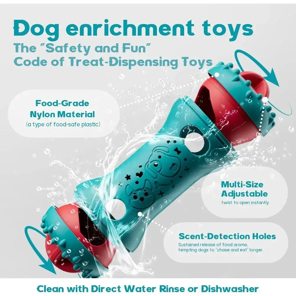 Interactive dog toy treat dispensing puzzle in teal and red with textured food grade nylon body and playful dog face designs