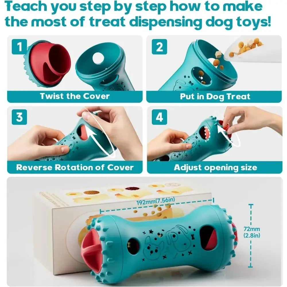 Teal and red interactive dog toy treat dispensing puzzle with textured bone-shaped body and playful pet face cutouts