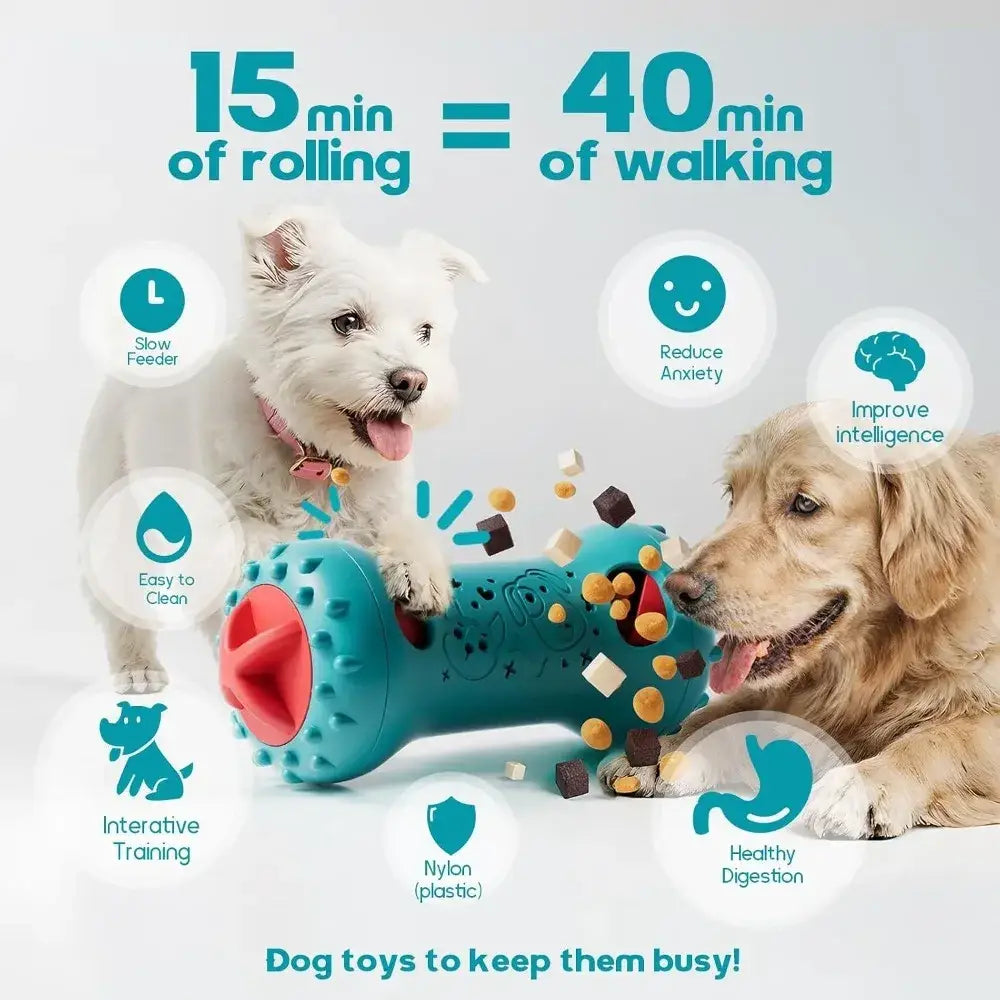Teal and red interactive dog toy treat dispensing puzzle with textured nylon plastic surface for mentally stimulating toys type