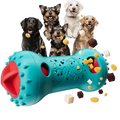 Teal and red bone-shaped interactive dog toy treat dispensing puzzle with textured surface and multiple openings