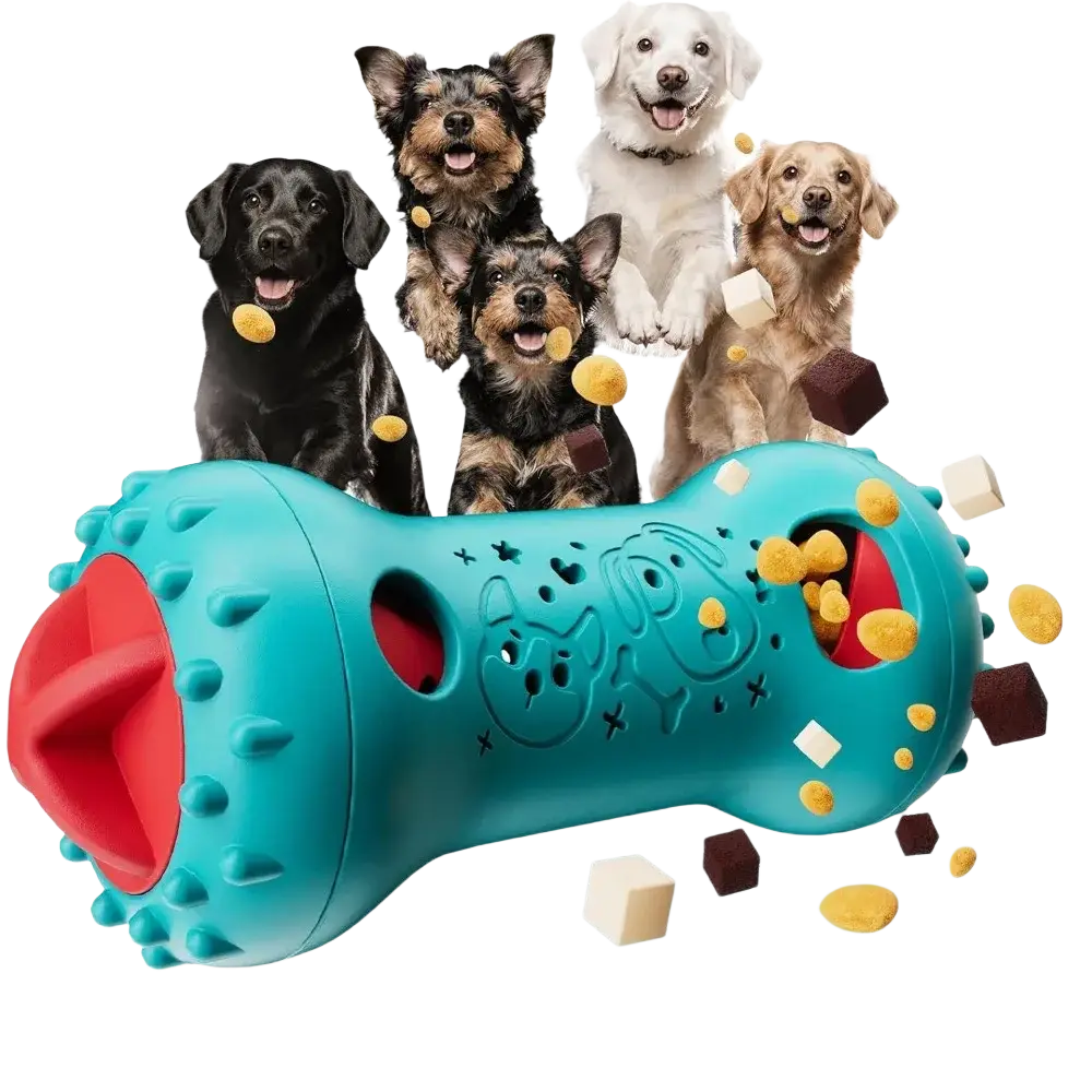 Teal and red bone-shaped interactive dog toy treat dispensing puzzle with textured surface and multiple openings