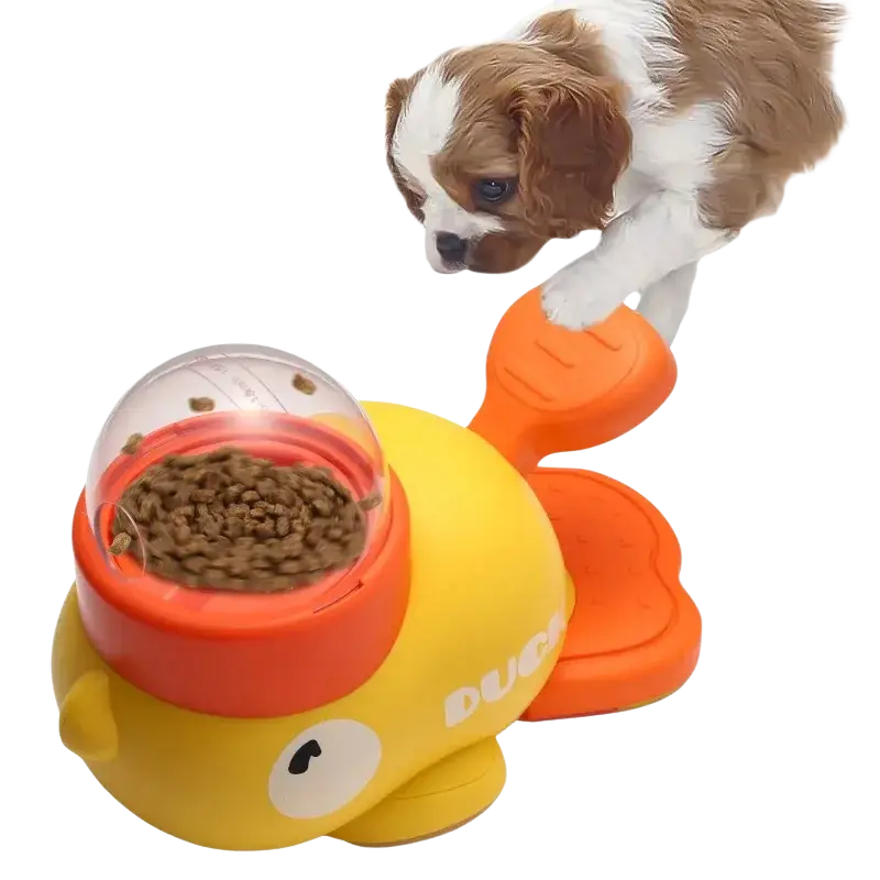 Interactive dog toys plastic duck pet feeder in yellow and orange plastic with a clear dome lid for treats