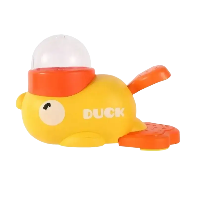 Yellow plastic interactive dog toy in the shape of a rubber duck with orange flippers and clear dome head