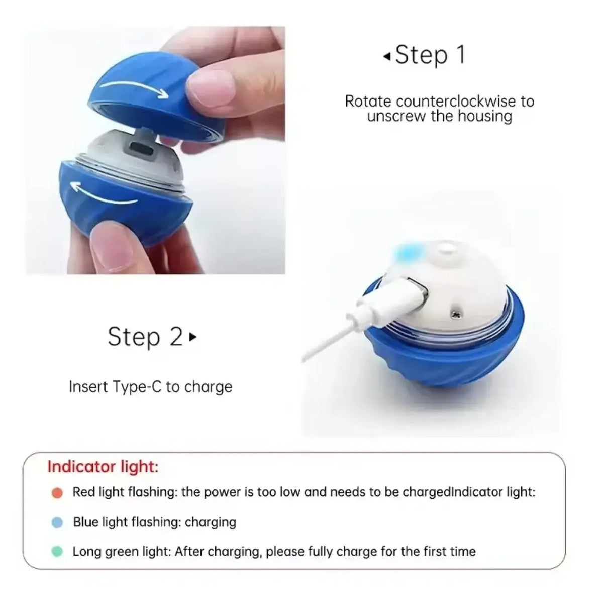 Blue spherical interactive dog toy with white interior and type-c port for rechargeable automatic rolling ball toys type