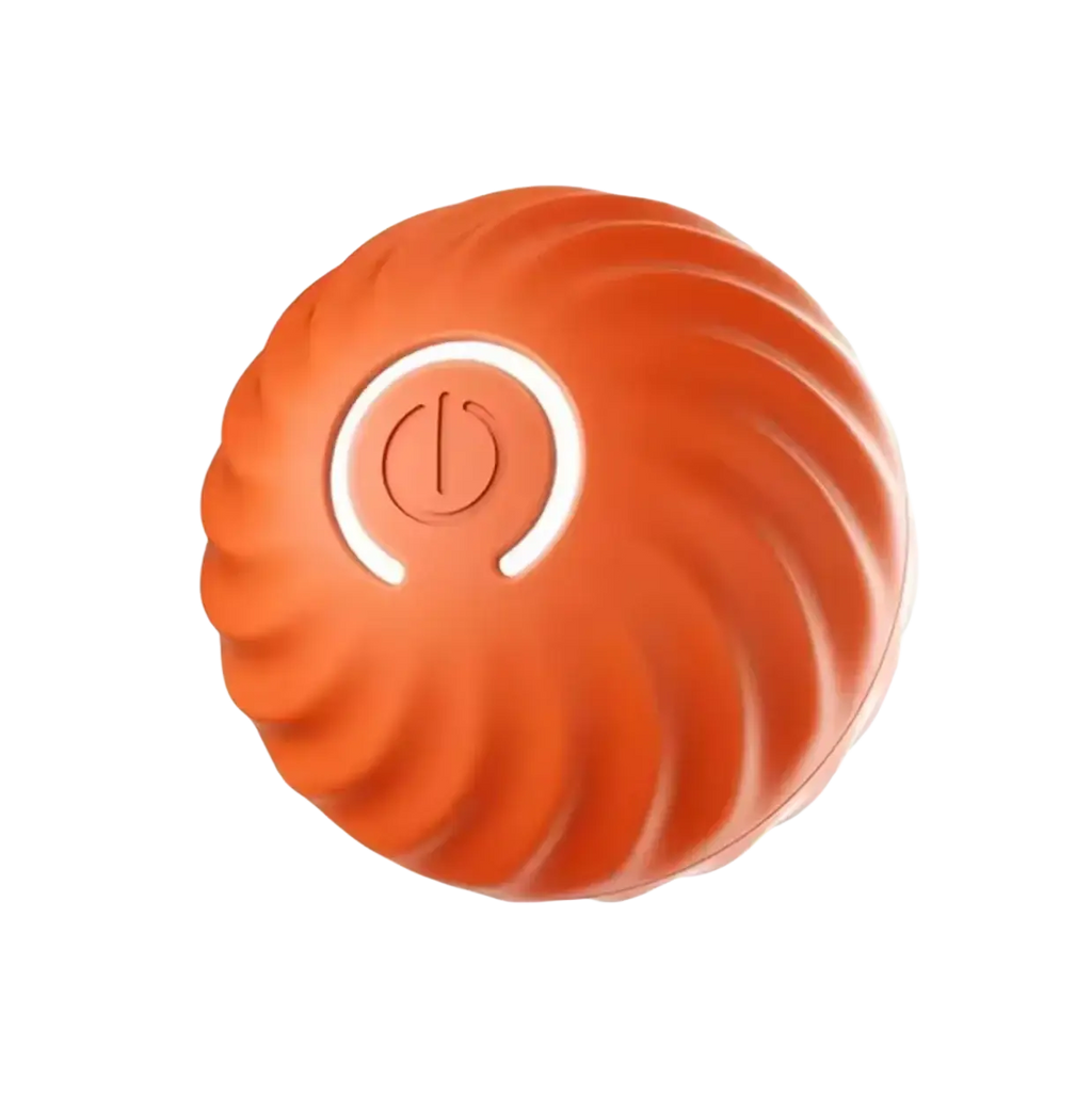 Orange spherical rechargeable interactive dog toy ball with textured ribbed surface and white power button center