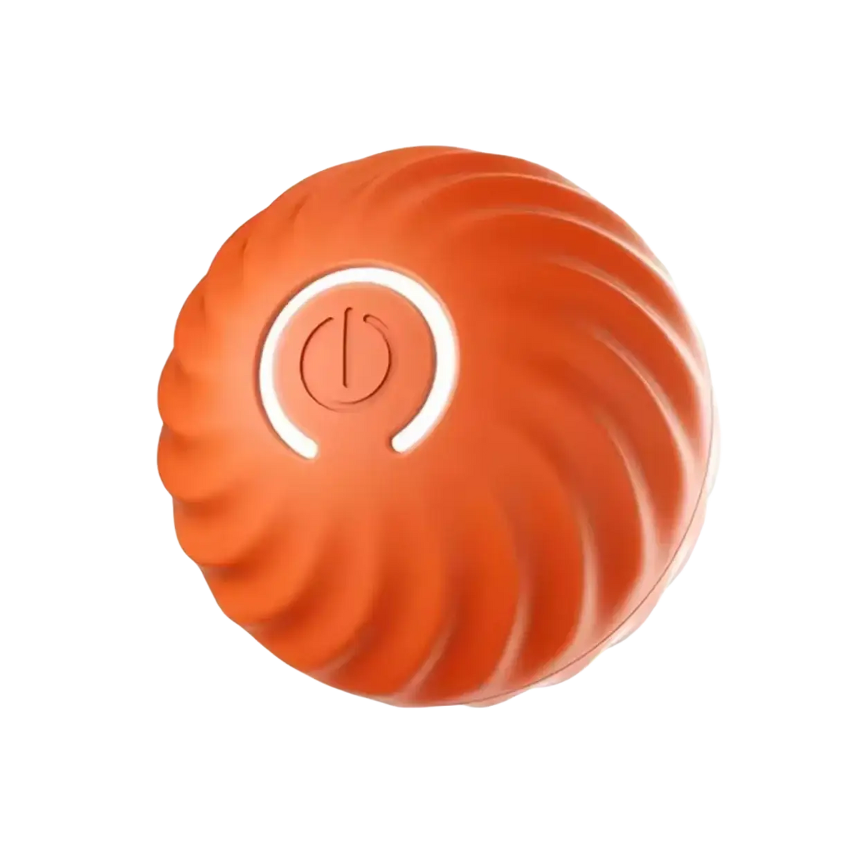 Orange spherical rechargeable interactive dog toy ball with textured ribbed surface and white power button center