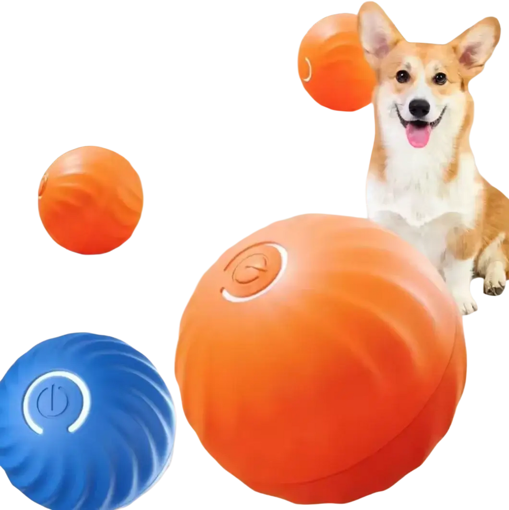 Orange and blue interactive toys rechargeable automatic rolling ball dog toys with textured surfaces and glowing power buttons