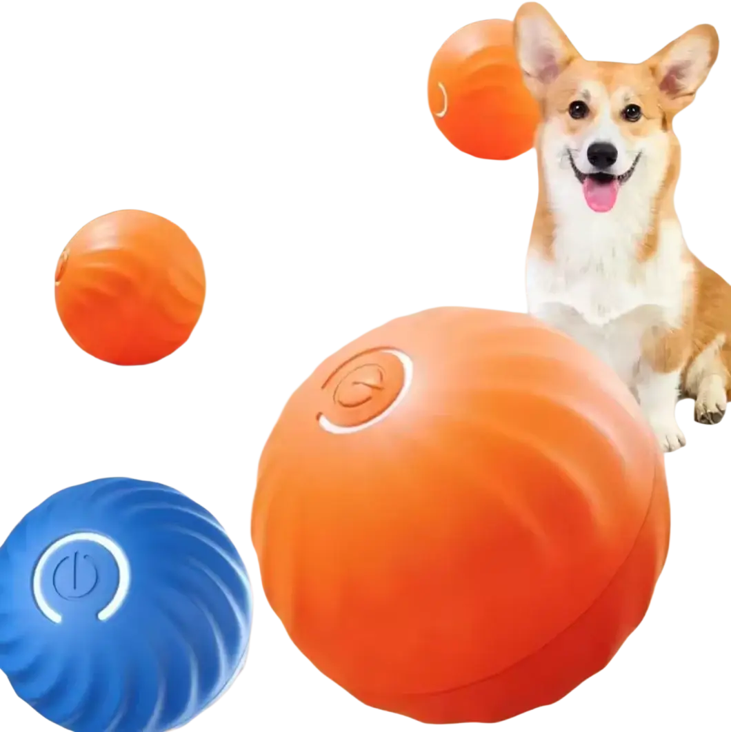 Orange and blue interactive toys rechargeable automatic rolling ball dog toys with textured surfaces and glowing power buttons