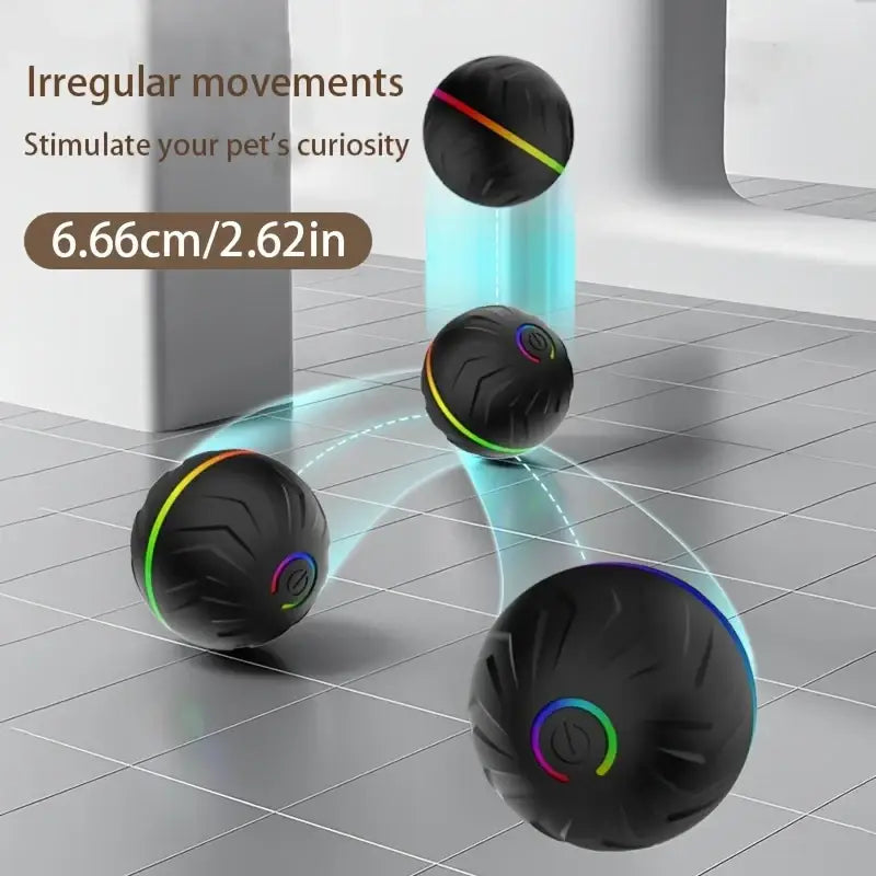 Black spherical interactive dog toy with textured surface and glowing rainbow led lights for smart rolling play