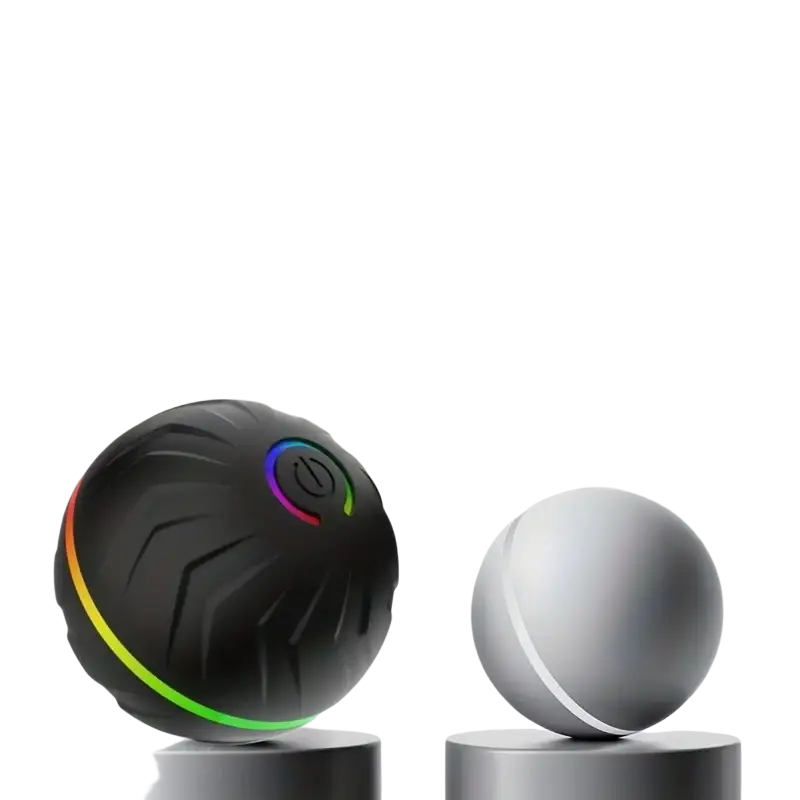 Black textured interactive dog toys smart rolling ball led with glowing rainbow ring and ridged surface to prevent swallowing
