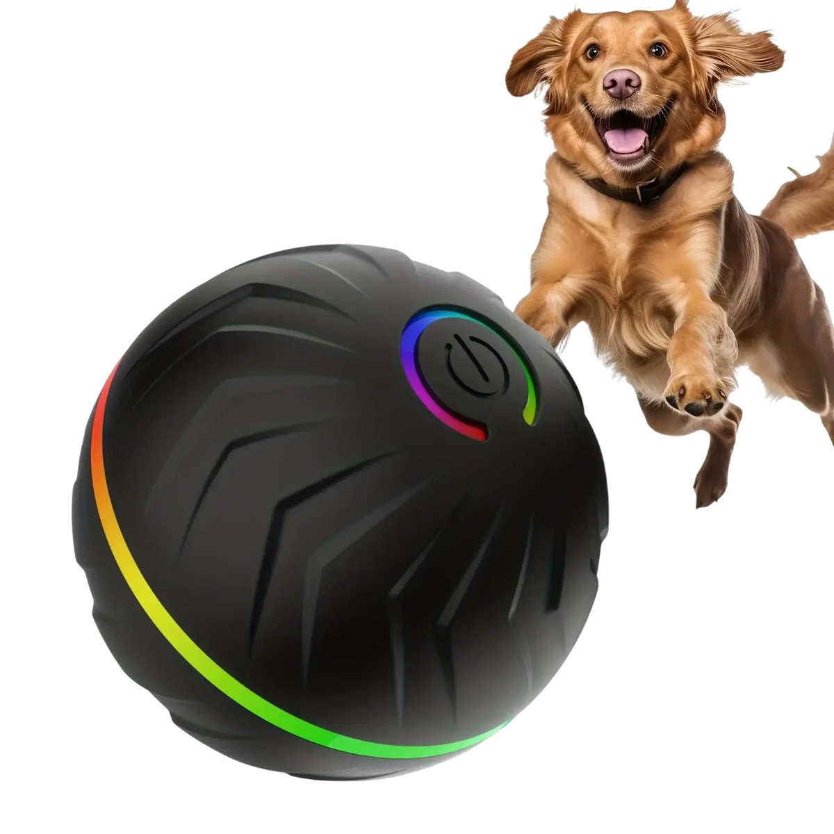Black textured interactive dog toys smart rolling ball with rainbow led lights and visible power button