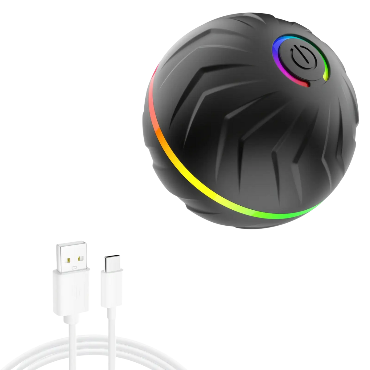 Black textured interactive dog toys smart rolling ball led with rainbow lighting and power button for engagement