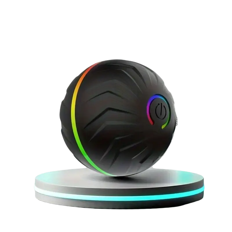 Black textured interactive dog toys smart rolling ball led with glowing rainbow stripe and power button for continuous play
