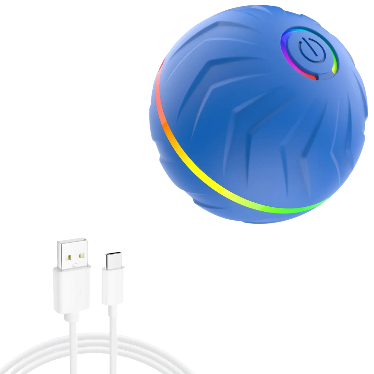 Blue spherical interactive dog toy smart rolling ball with textured surface and rainbow led lighting and power button