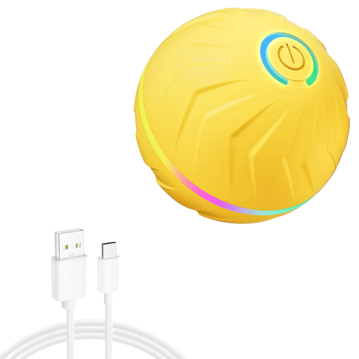 A bright yellow interactive dog toys smart rolling ball with textured surface, glowing power button, and rainbow LED ring
