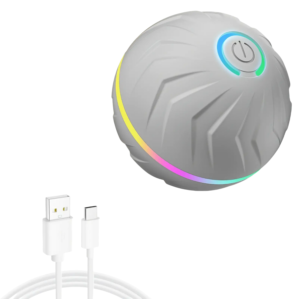 Interactive dog toys smart rolling ball in gray with textured surface rgb led lighting ring and glowing power button