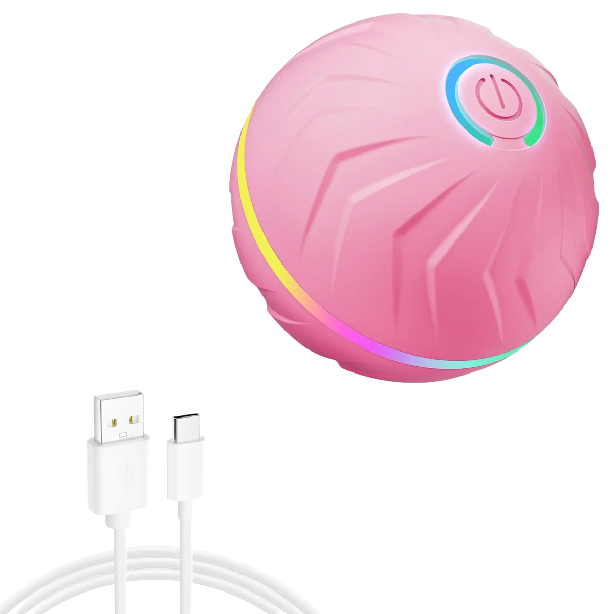 Pink spherical interactive dog toys smart rolling ball with textured surface and glowing rgb led ring and power button