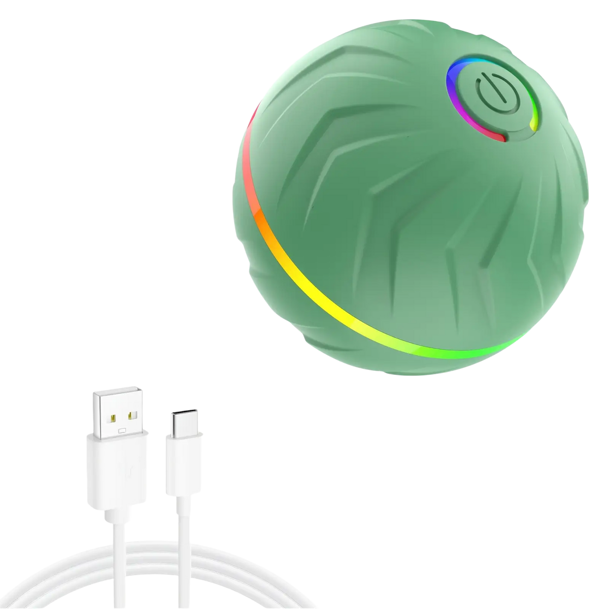 A matte green interactive dog toys smart rolling ball led with textured surface and rainbow glowing power button