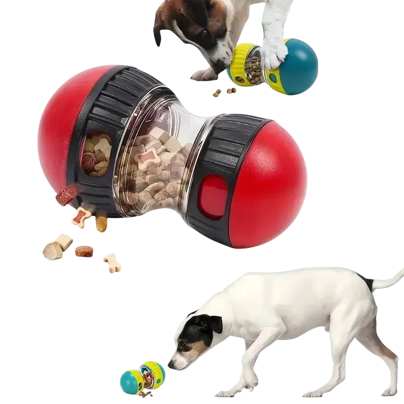 Interactive dog treat dispenser slow feeder toy in red and black with clear compartment filled with shaped kibble