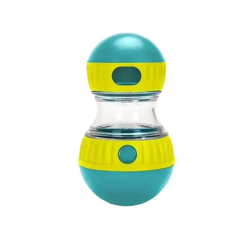 Teal and yellow interactive dog treat dispenser slow feeder toy with clear glass center for pet feeding enrichment