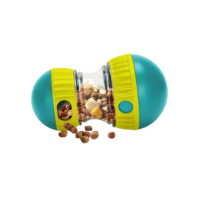 Teal and yellow plastic interactive dog treat dispenser slow feeder toy with clear central section filled with kibble