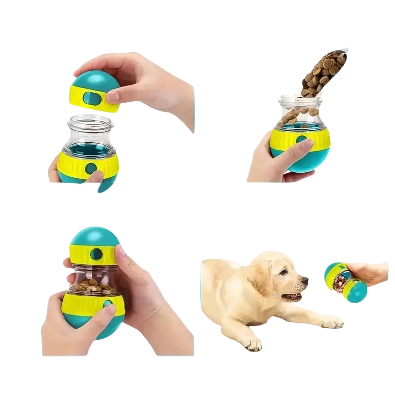 Interactive dog treat dispenser slow feeder toy in teal and yellow plastic with a clear glass center for treats
