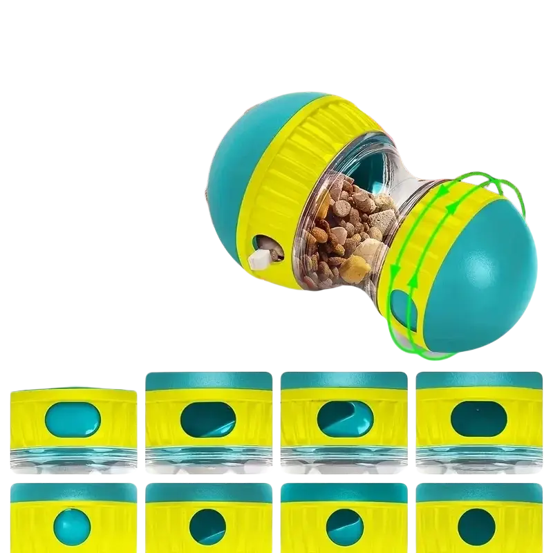 Interactive dog treat dispenser slow feeder toy in vibrant teal and yellow with clear plastic body and rotating kibble compartments