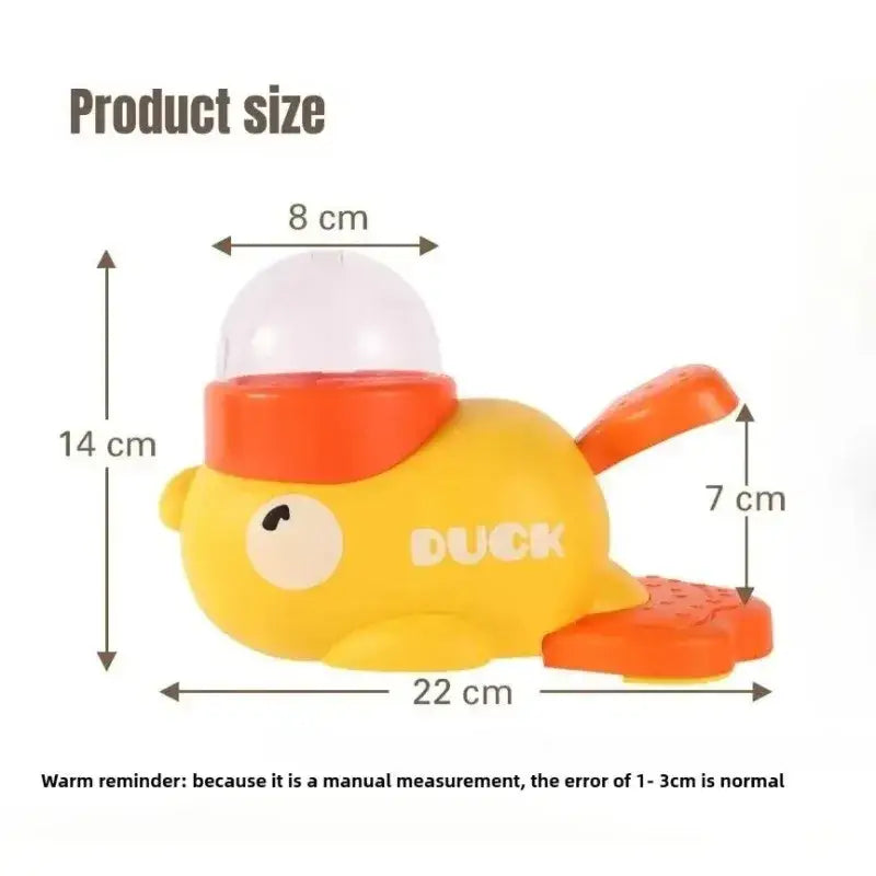 Yellow plastic interactive duck dog toy feeder with orange accents and clear dome made in mainland china
