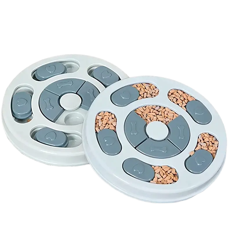 White and gray plastic interactive educational slow feeder dog toy with heart and bone shaped puzzle pieces