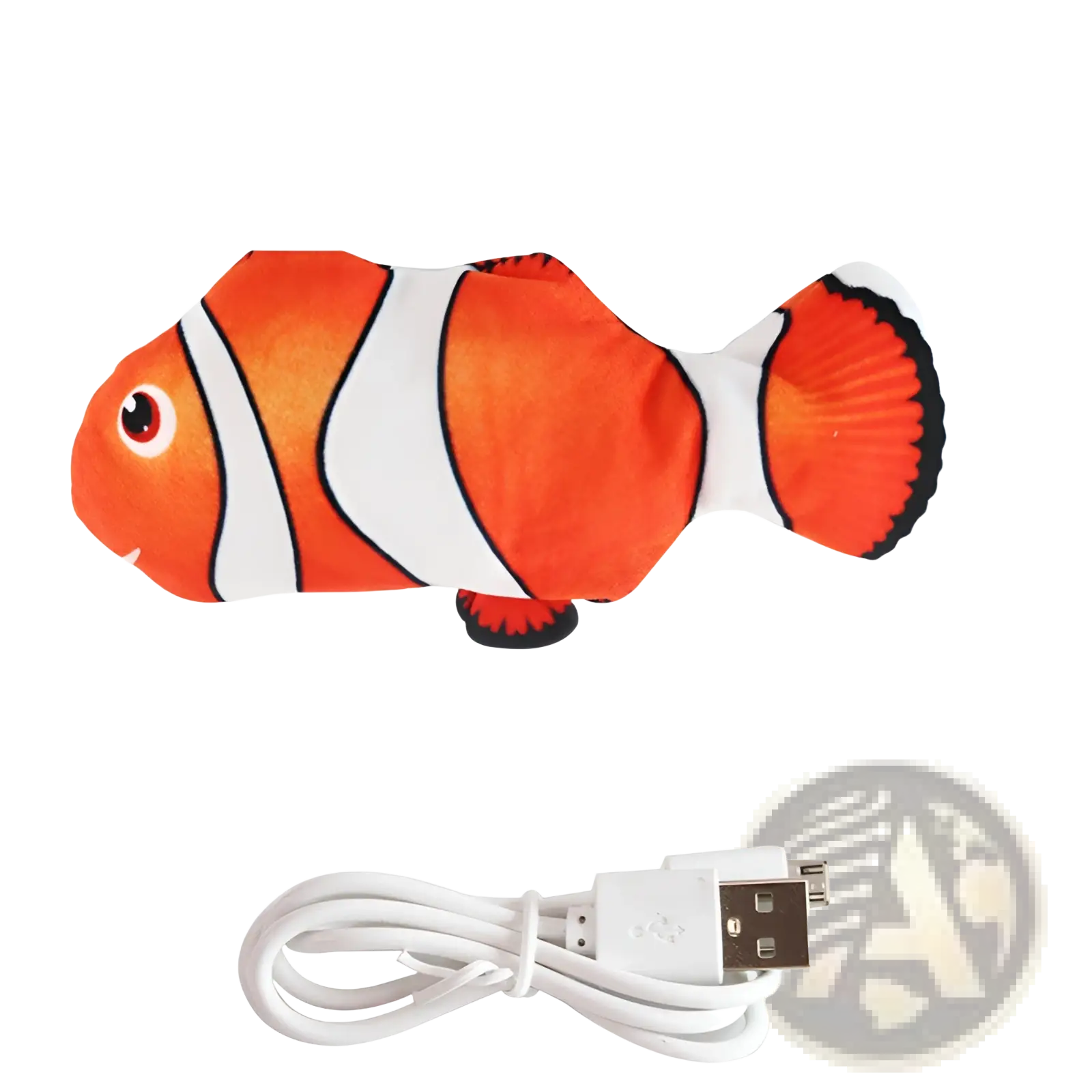 Orange and white plush nemo fish interactive electric cat toy with black outlines and usb rechargeable cable