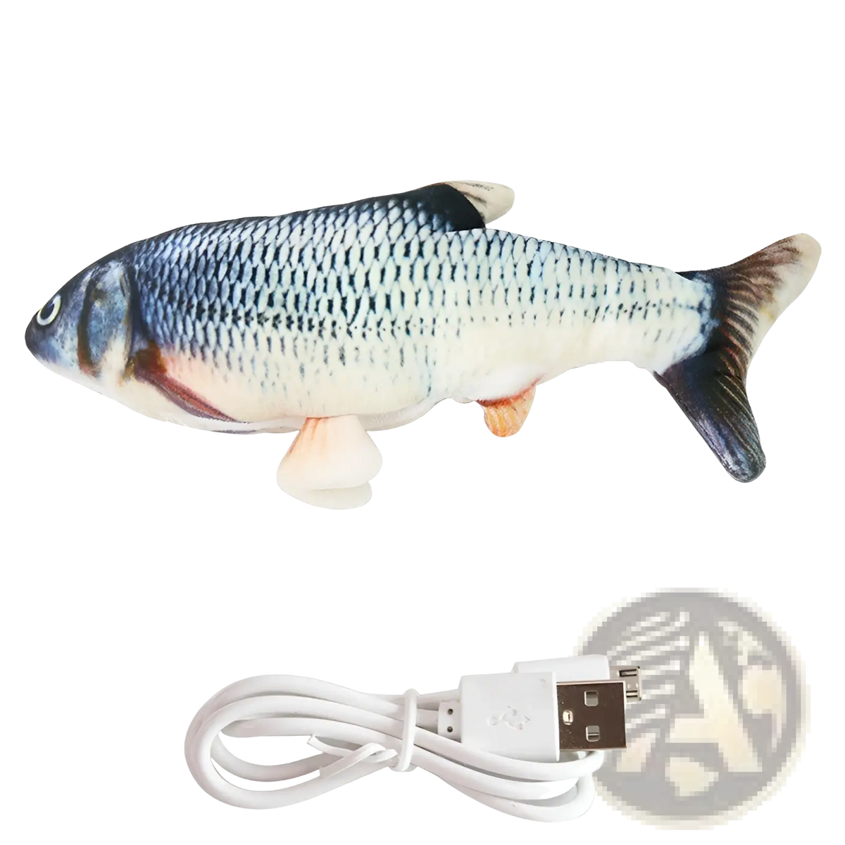 Interactive electric fish cat toy usb rechargeable plush with realistic blue white scales orange fins and charging cable
