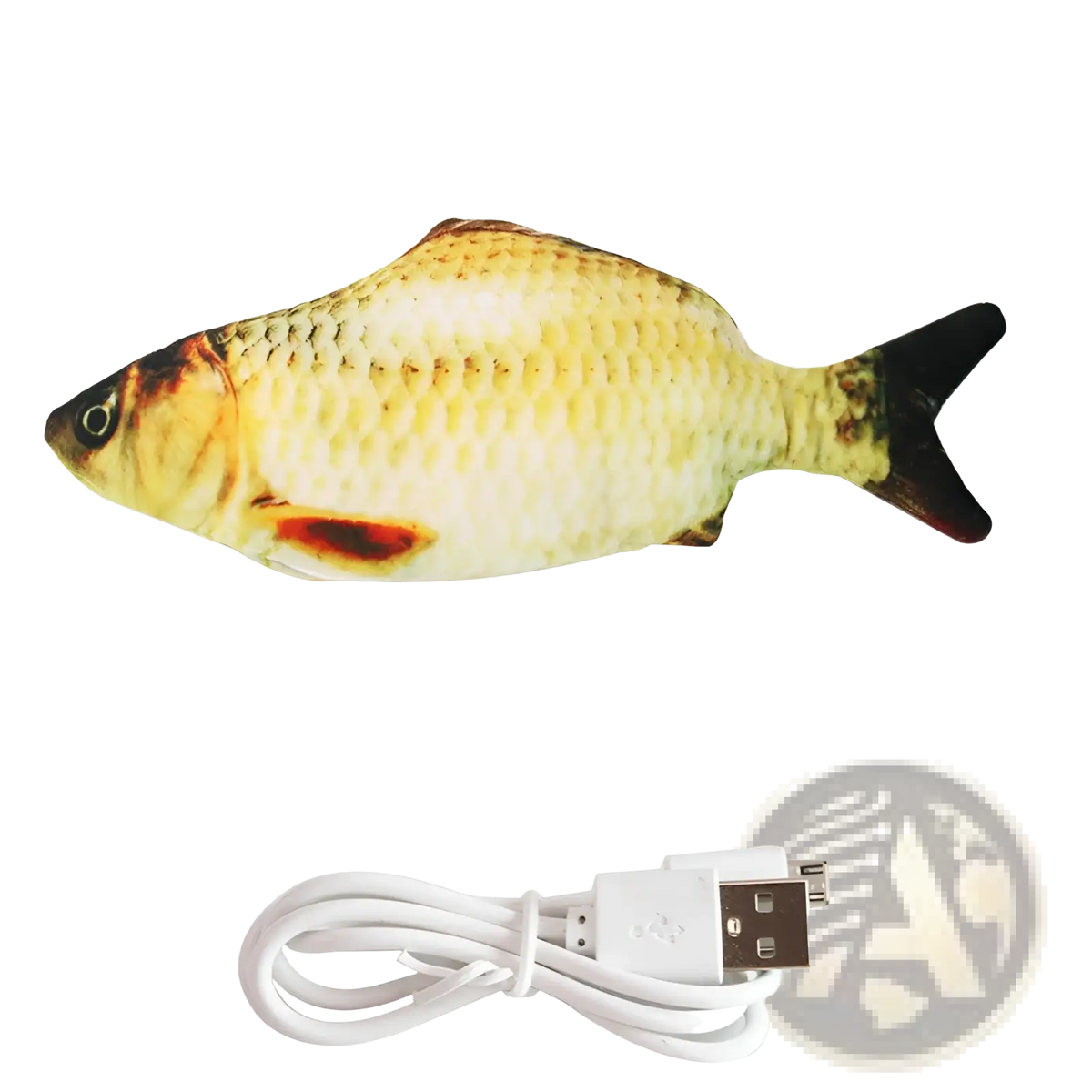 Plush interactive electric fish cat toy with realistic yellow and black scales, red gill patch, and usb charging cable
