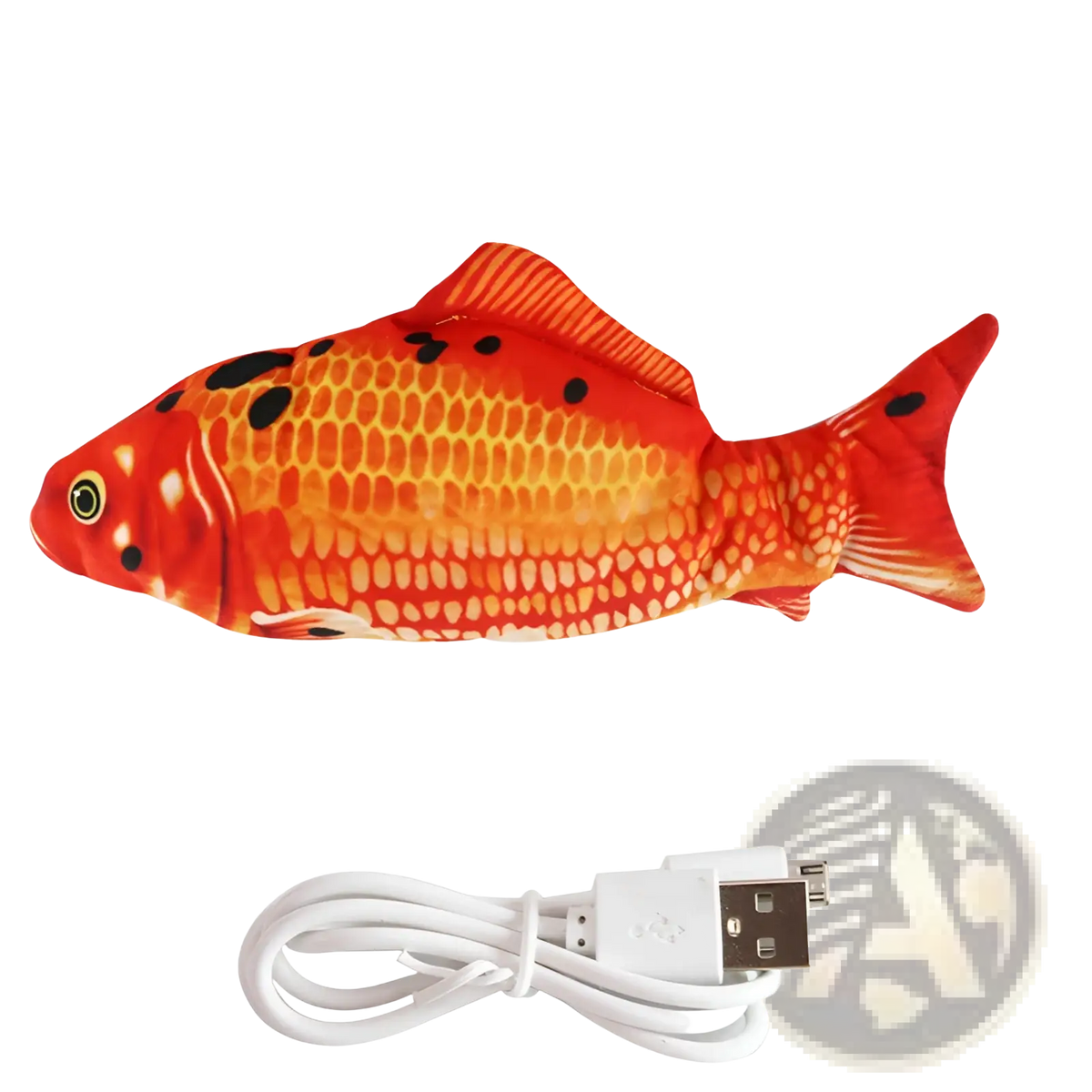Plush interactive electric fish cat toy in orange and red with black spots and yellow eye usb rechargeable